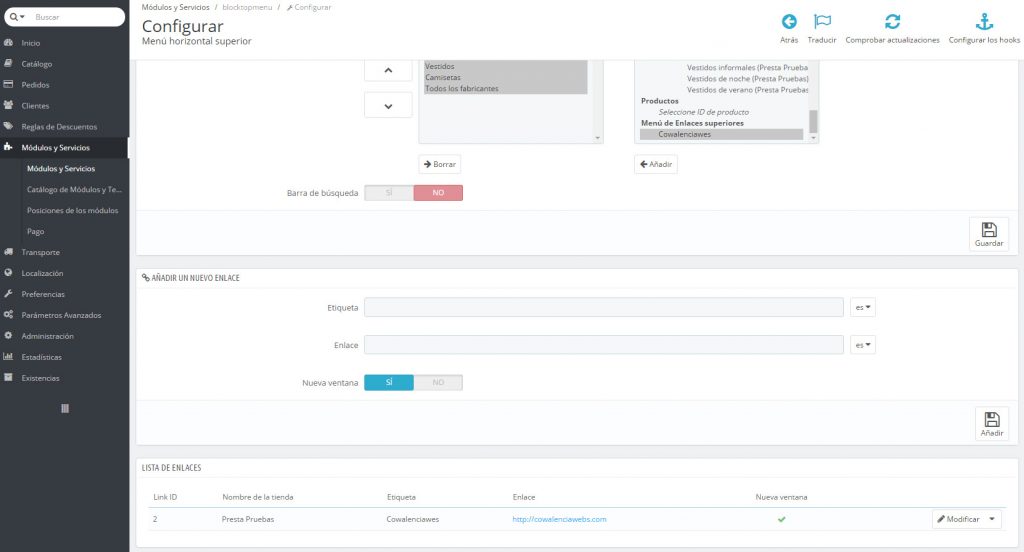 Configurar el menú de Prestashop
